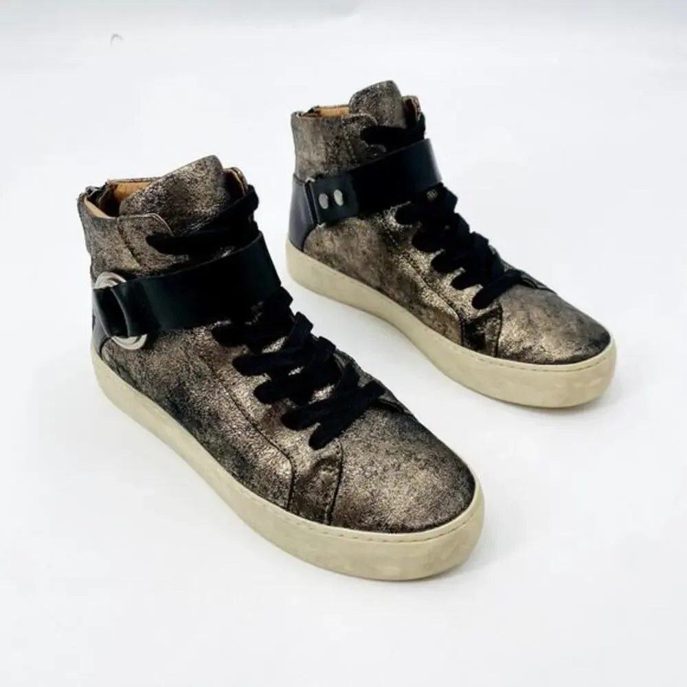 Frye Black Leather Brushed Gold Distressed‎ High Top Sneakers